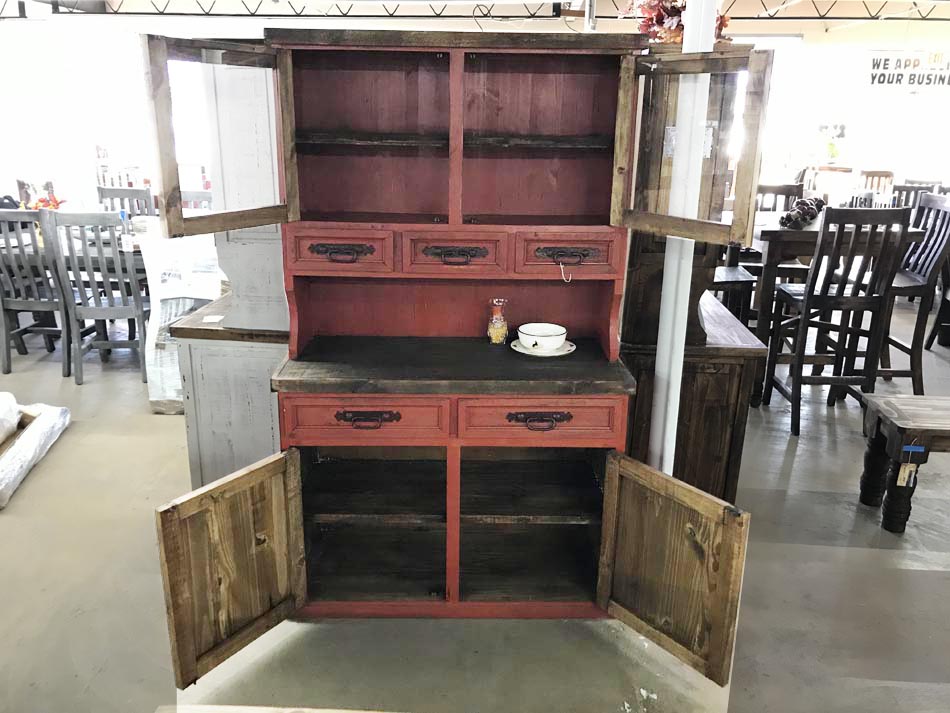 Beautiful rustic furniture hutch with door open to reveal roomy interior.