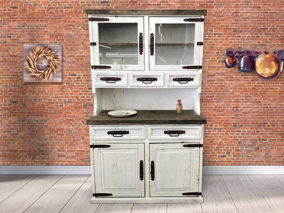 Rustic furniture hutch glass cabinet with cabinet doors, 5 drawers and striking carved rustic design.