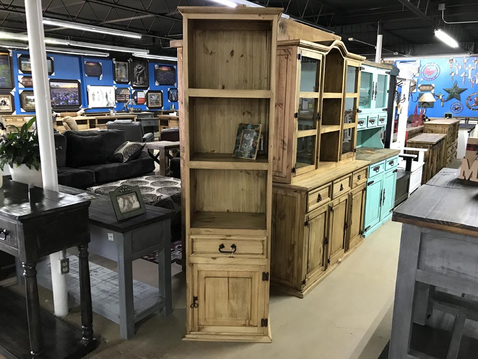 Beautiful rustic pine display cabinet with three shelves, pull-out drawer and small cabinet space.