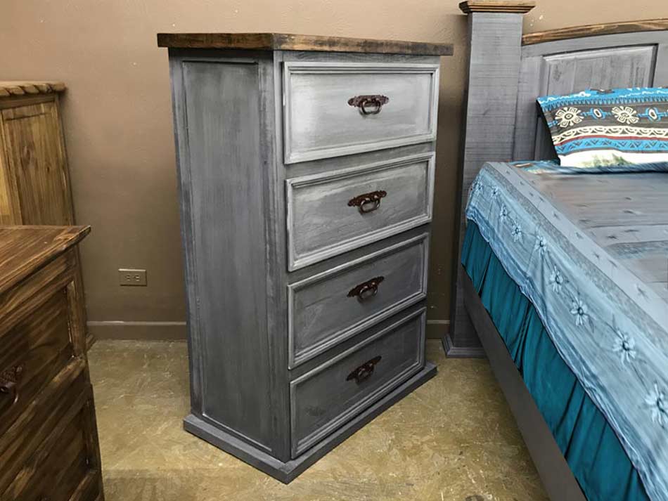 Side view of four drawer rustic furniture chest of drawers, available in Lubbock.