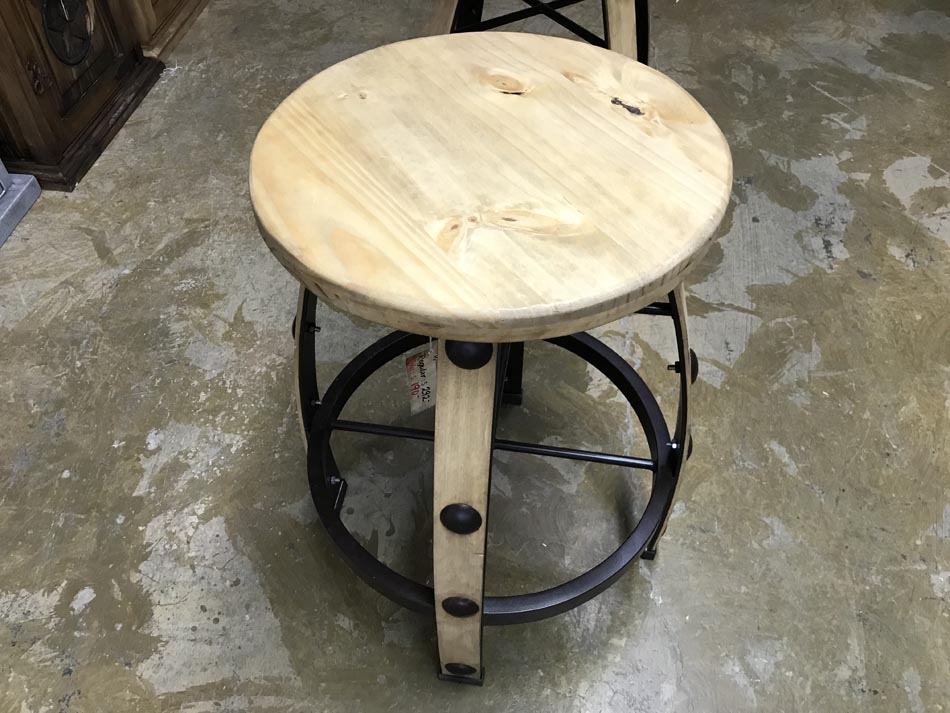 Single speciment of barrel strap stools in light pine finish and wrought-iron accents/bracing.