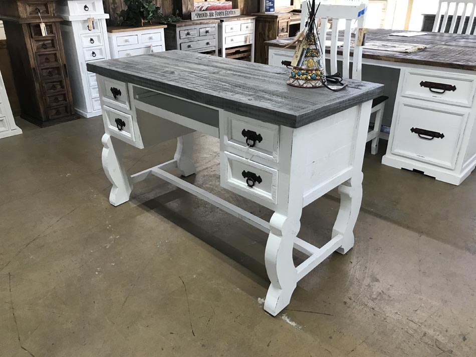 Side view of rustic writing desk in white with pull-out keyboard tray.