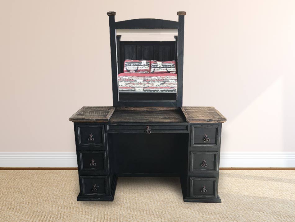 Rustic vanity in black with dark-stained top, with 7 drawers and mirror.
