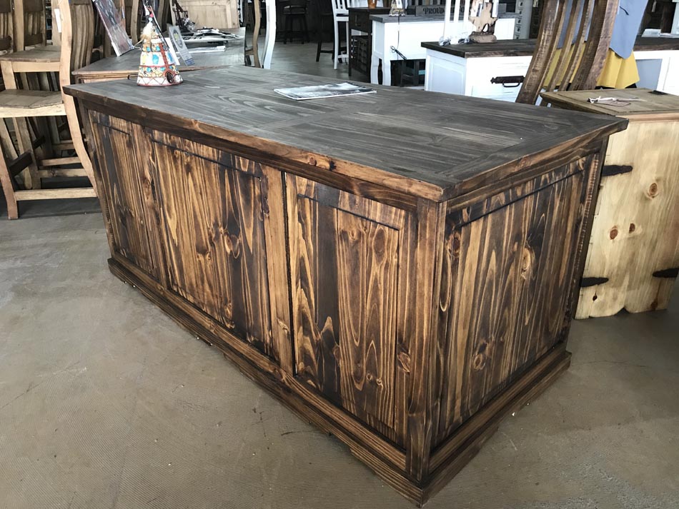 Beautiful rustic office desk in distressed chestnut finish, available in Lubbock, Texas.