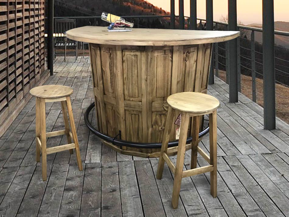 Half moon bar in light honey pine finish, with two stools - available in Lubbock from Rustic Furniture Warehouse.