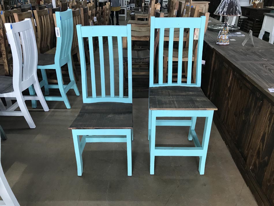 Turquoise-colored dining chair, in 2 heights, front view.