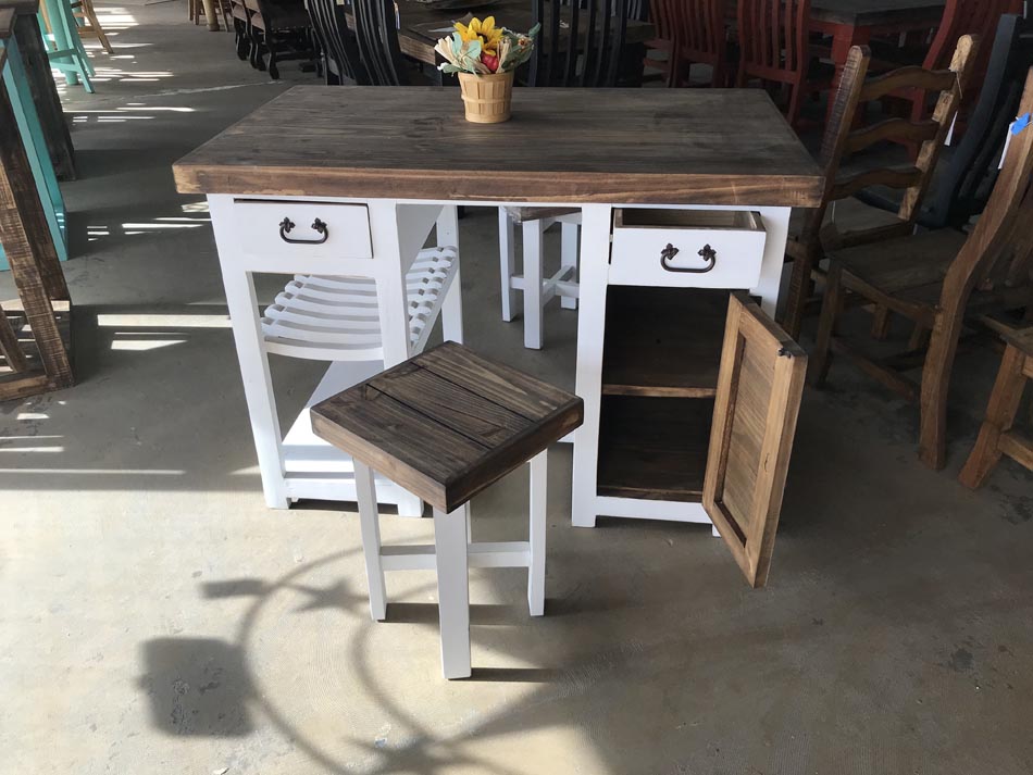 Rustic furniture kitchen island-breakfast bar with cabinet, 2 drawers and 2 stools, available in Lubbock from Rustic Furniture Warehouse.