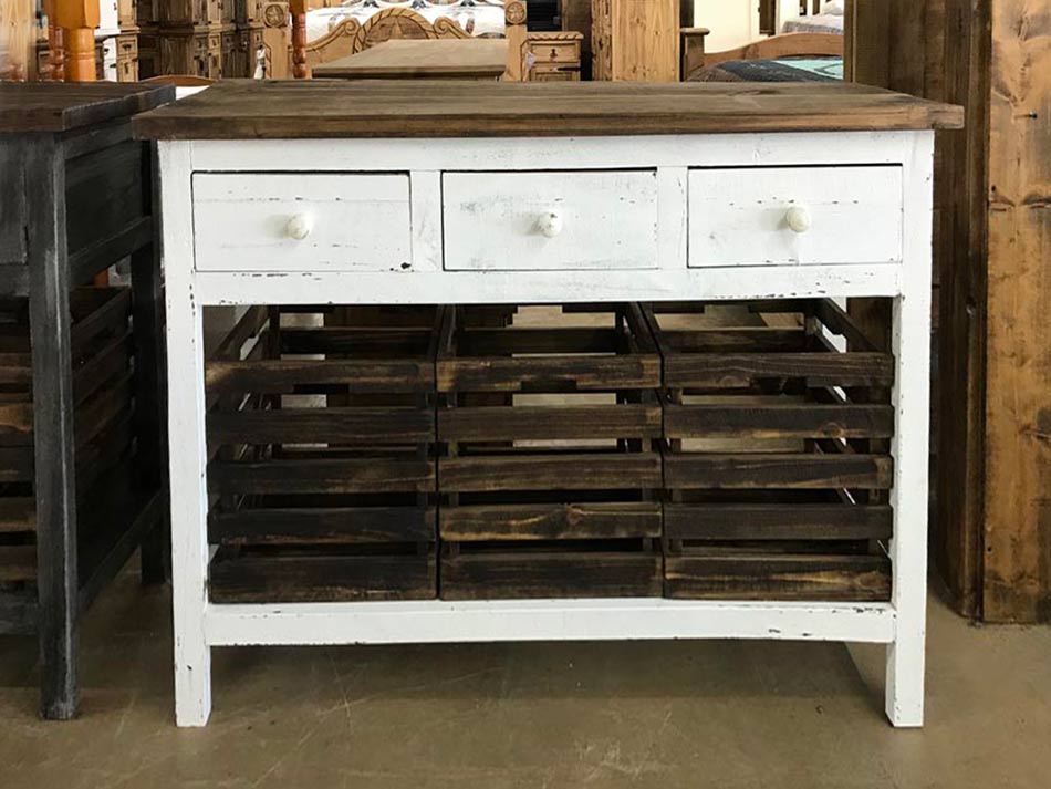 Rustic white crate basket storage table, with three drawers and 3 pull-out crates, available in Lubbock.
