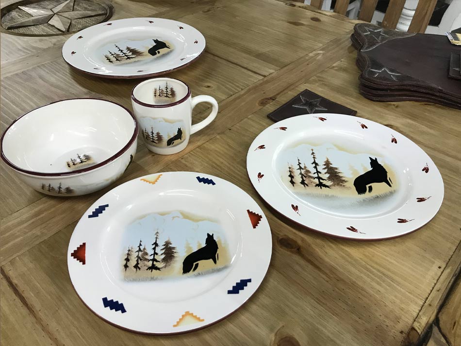 Wildlife and backcountry-themed dinnerware, perfect for pairing with rustic furniture.