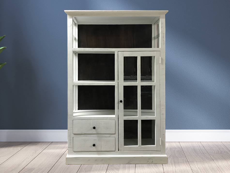 Beautiful white curio cabinet and shelv storage unit, with glass-pane door.