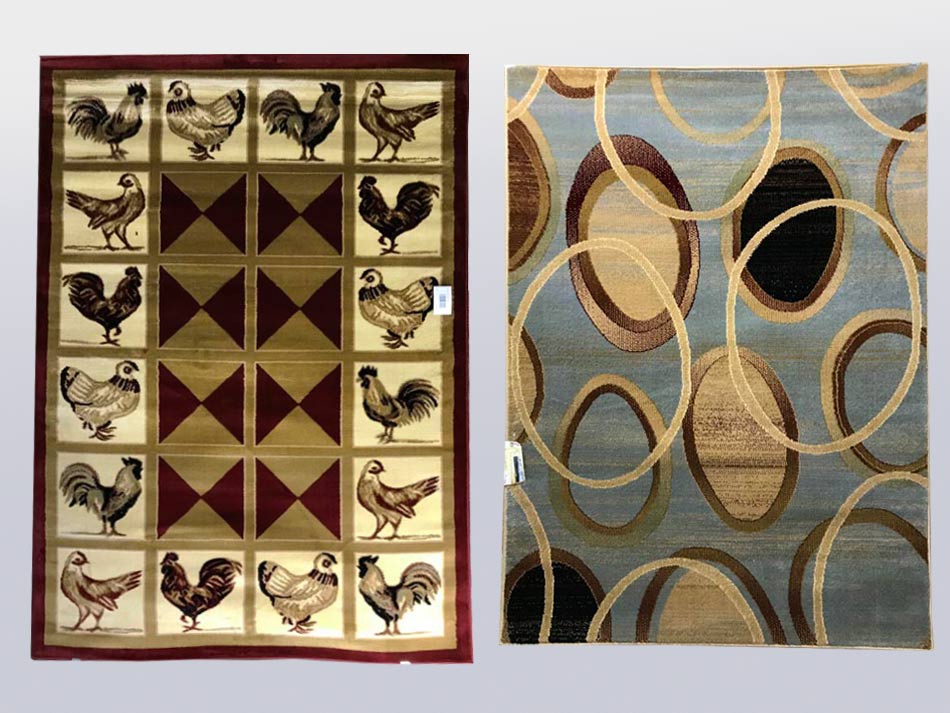 Fun chickens area rug and a more modern area rug, available in Lubbock from Rustic Furniture Warehouse.