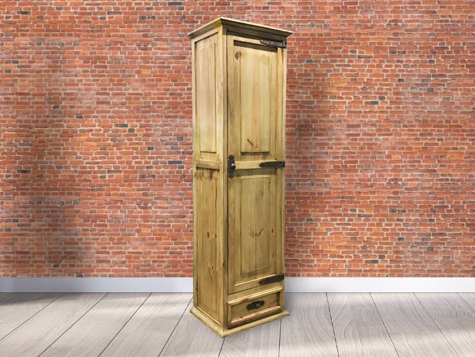 Tall narrow storage cabinet with natural pine finish.