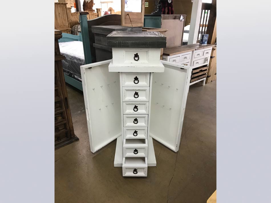 Rustic furniture 8-drawer jewelry cabinet in white with doors open, available in Lubbock from Rustic Furniture Warehouse.