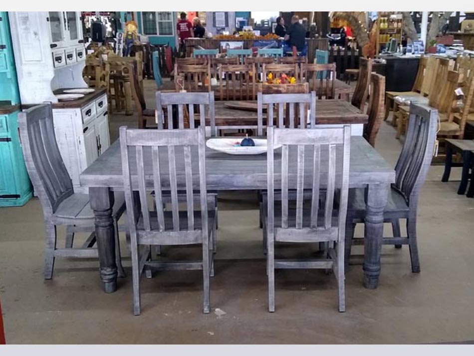 Side view of beautiful rustic gray dining table set, available in Lubbock, Texas from Rustic Furniture Warehouse.
