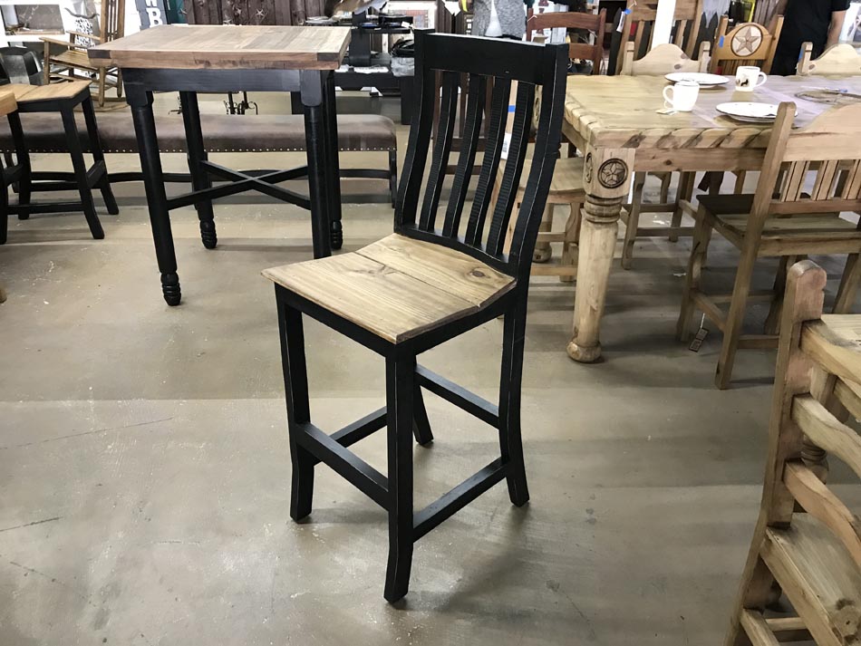 Rustic dining chair in black with light chestnut seat, available in Lubbock.