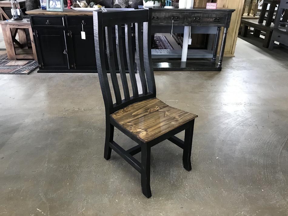 Rustic furniture dining chair, featuring slats and light stained seat, available in Lubbock.