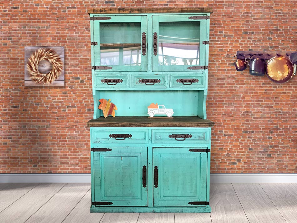 Rustic furniture hutch glass cabinet with glass cabinet doors, 5 drawers and striking rustic design.