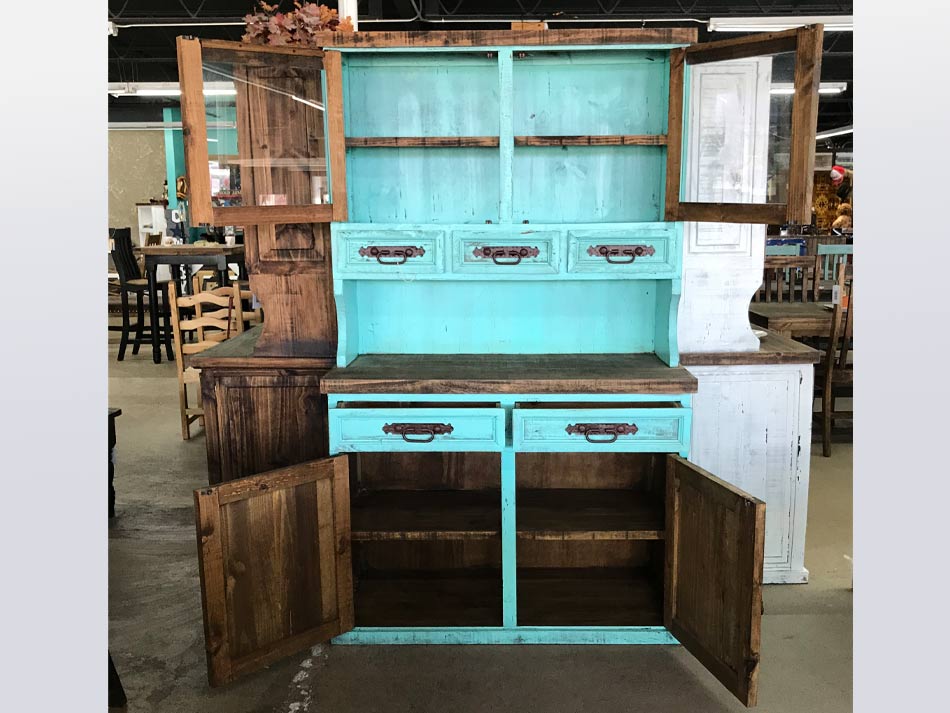 Rustic furniture hutch glass cabinet with glass cabinet doors open, to reveal storage space.