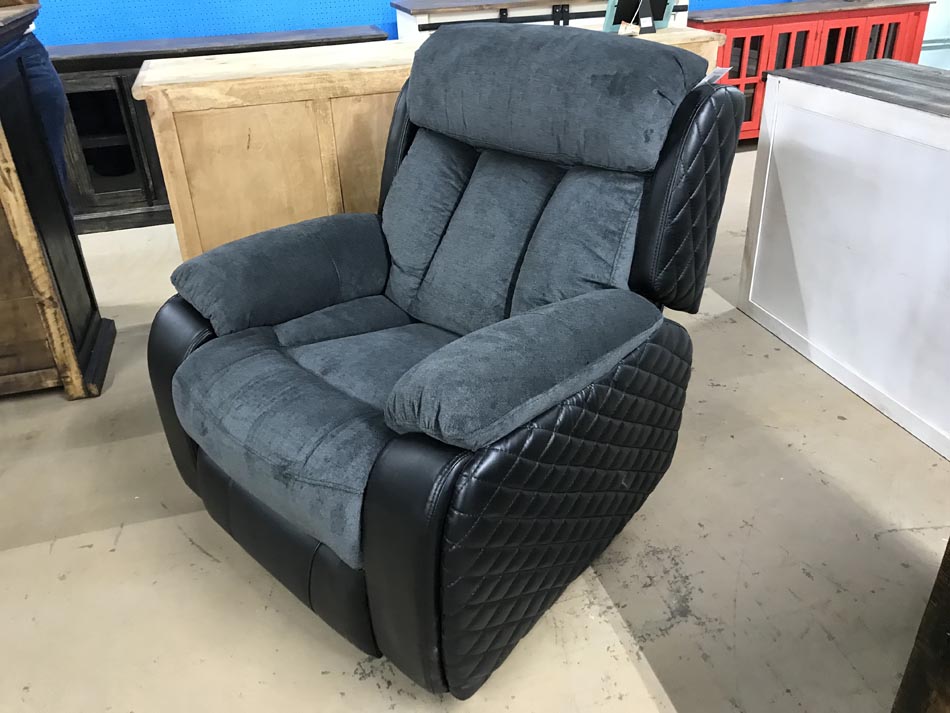 Gray and black high comfort powered recliner, available from Rustic Furniture Warehouse in Lubbock.