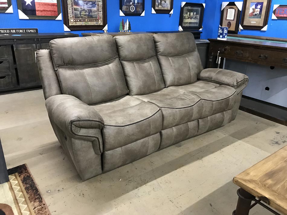 Beautiful Waylan reclining sofa in dove gray, available in Lubbock from Rustic Furniture Warehouse.