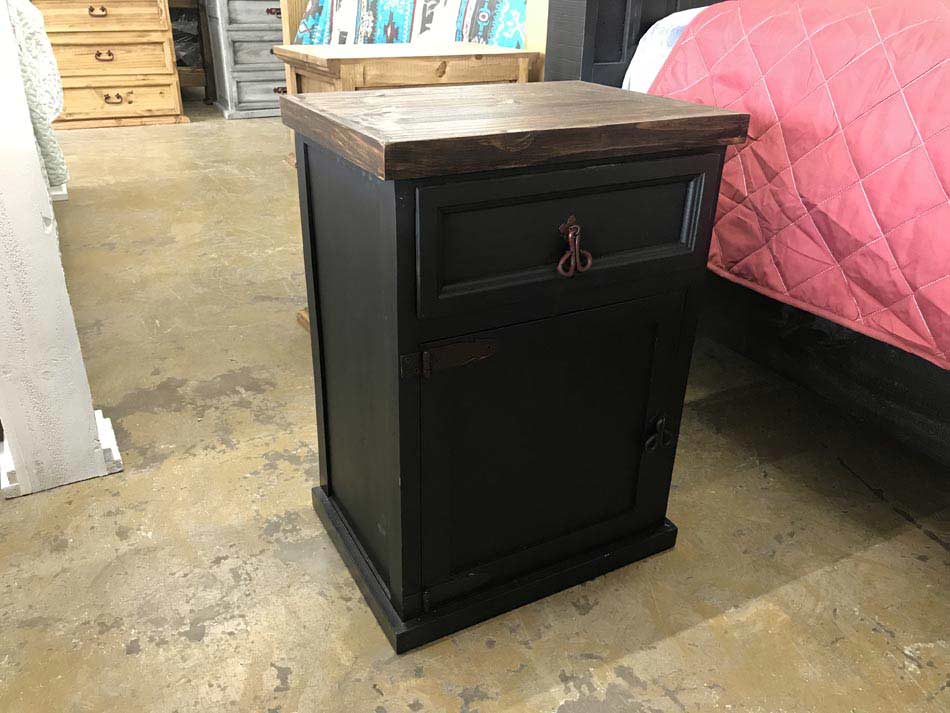 Side view of rustic furniture black bed side table/nightstand, available in Lubbock from Rustic Furniture Warehouse.