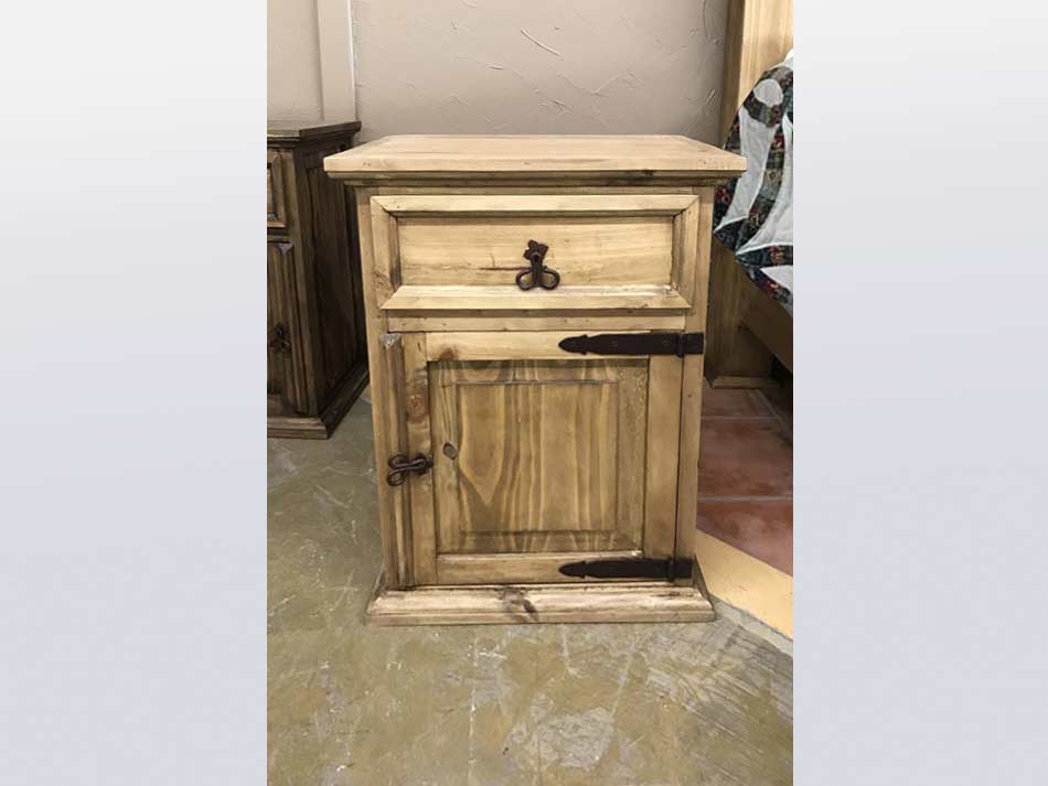 Rustic furniture nightstand, with drawer and pull-open cabinet.