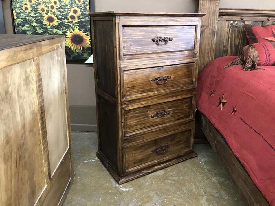 Side view of distressed walnut chest of drawers from Rustic Furniture Warehouse in Lubbock.