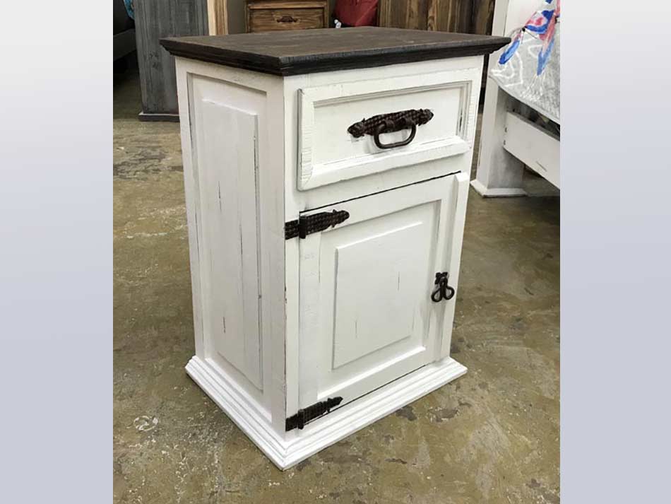 Side view of rustic furniture white nightstand, with rustic dark wood top.