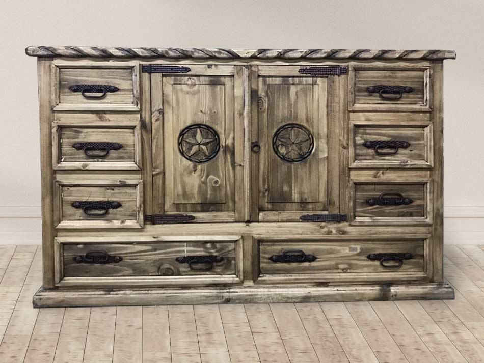 Rustic furniture dresser with cabinet doors, 6 drawers and striking carved star design.