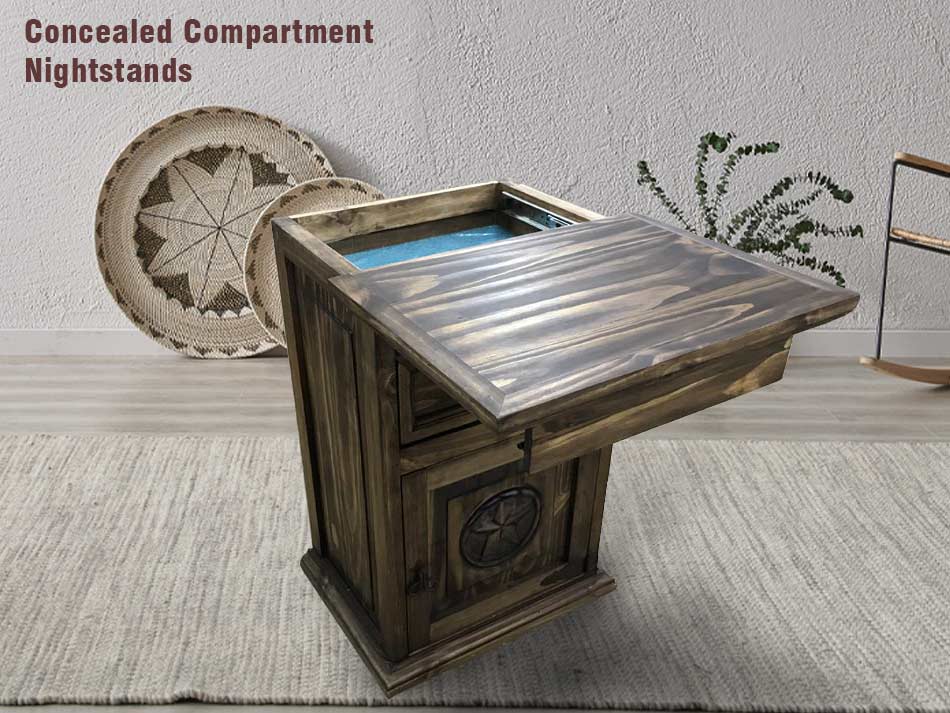 Concealed compartment nightstand with the top lid slid forward, like those available in Lubbock.