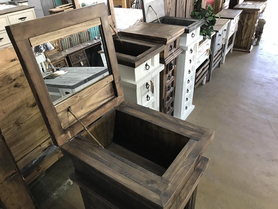 Rustic furniture 8-drawer jewelry cabinet in chestnet, with top lid & mirror demonstration, available in Lubbock.