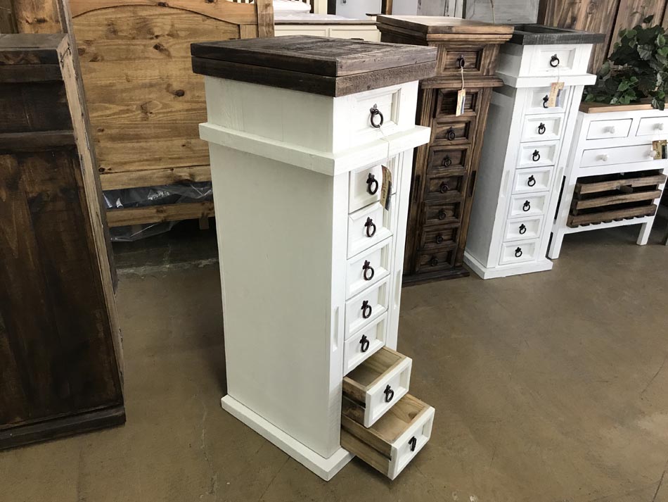 Rustic furniture 8-drawer jewelry cabinet in white, with drawer demonstration, available in Lubbock.