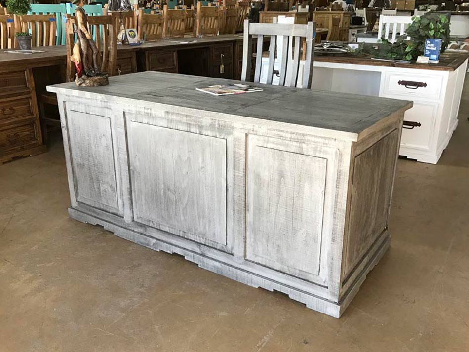 Beautiful rustic pine office desk in warm gray distressed finished available in Lubbock.