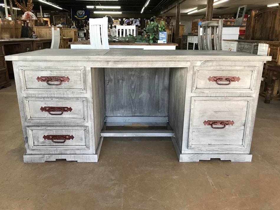 Beautiful rustic pine office desk in warm gray distressed finished available in Lubbock.
