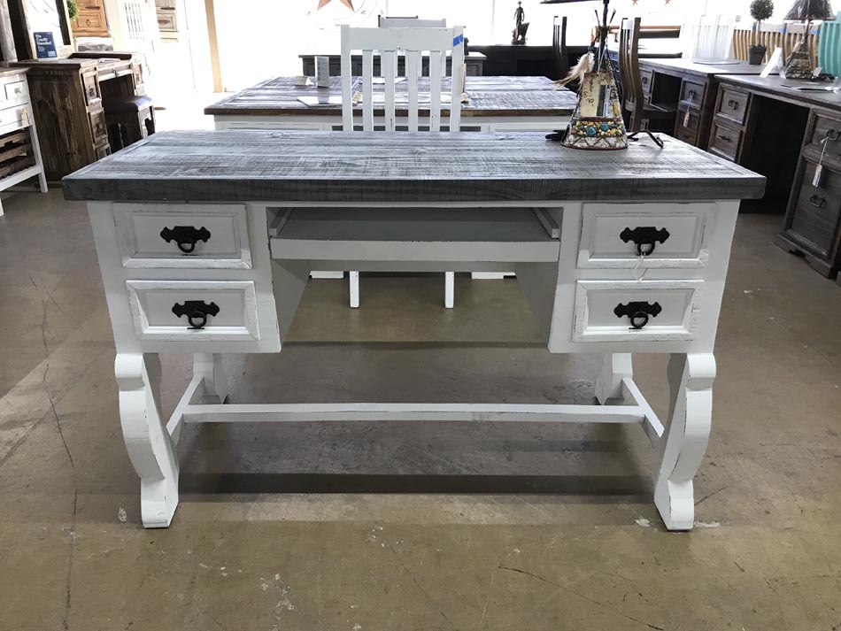 Charming rustic writing desk in white with pull-out keyboard tray.