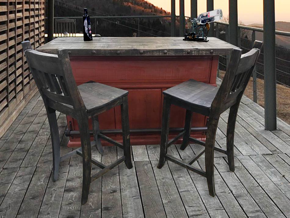 Rustic furniture bar in red, with iron foot rest, shown with two bar stools.