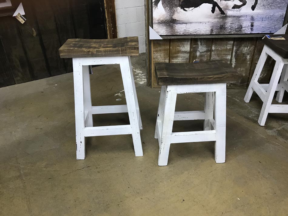 Small white rustic furniture plank-seat stool.
