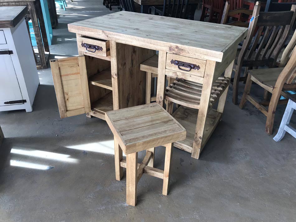Cute rustic pine wood kitchen island-breakfast bar with cabinet and two stools.