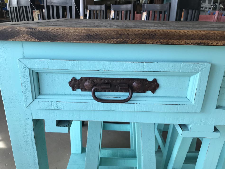 Hardware detail of kitchen island breakfast bar set, with 4 stools, available in Lubbock.