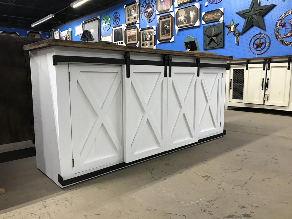 Side view of barn door-type entertainment stand or console, available in Lubbock.