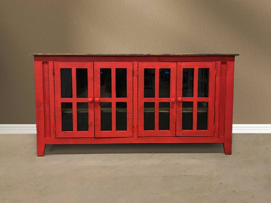 Striking red rustic furniture entertainment center, with glass pane cabinet doors, available in Lubbock, Texas.