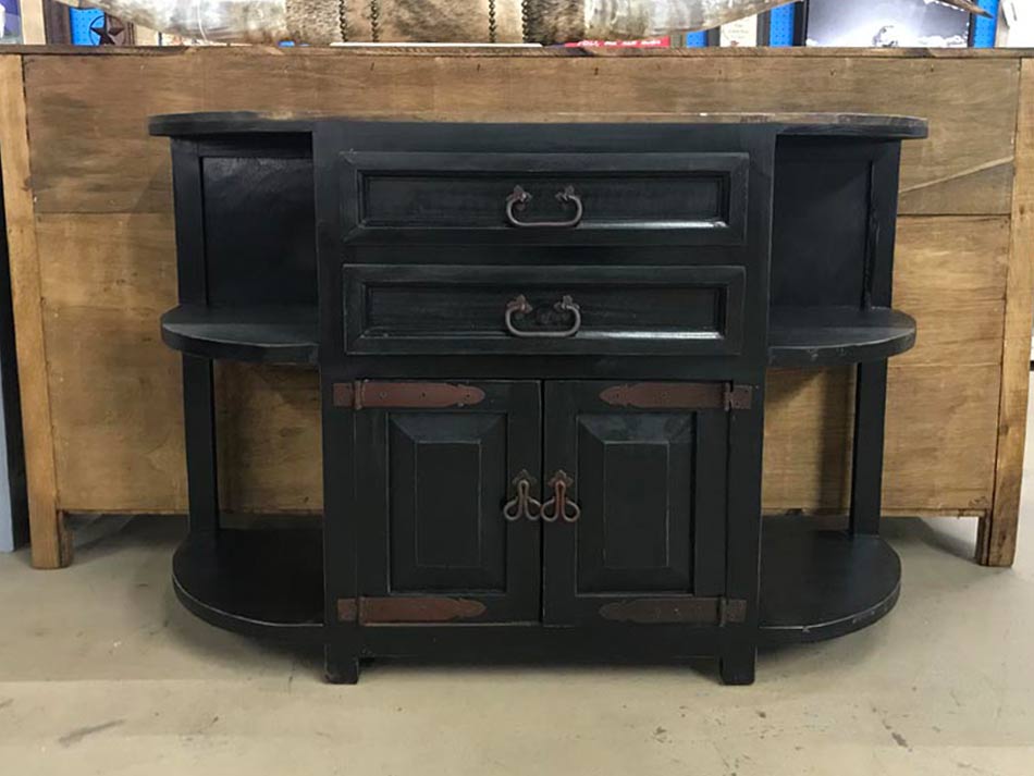 Rustic furniture sofa table with rounded end shelfs, drawers, and cabinet doors, all in black.