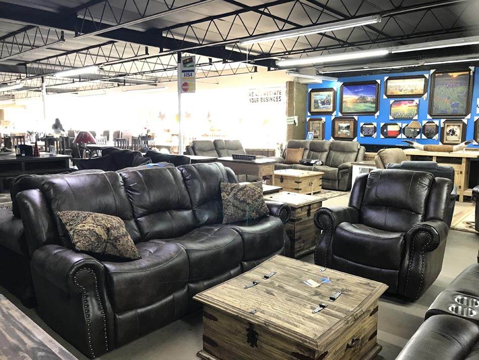 The Dodds furniture set, in darker color, including recliner, and reclining sofa and loveseat.