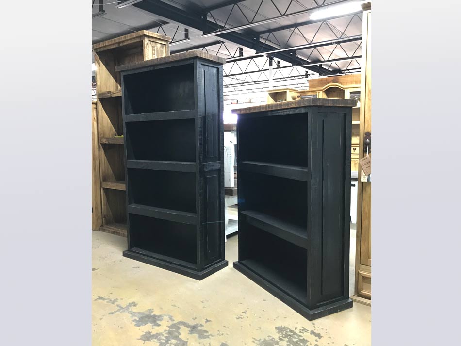 Side view of great "basic black" book and storage shelves, in a rustic black finish.