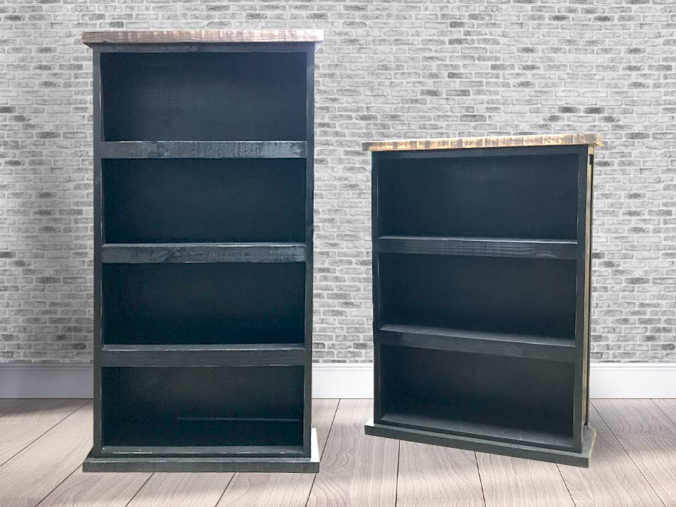Great "basic black" book and storage shelves, in a rustic black finish.