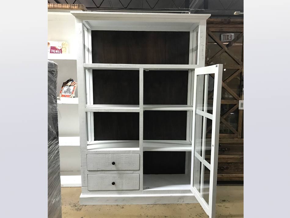 autiful white curio cabinet and shelv storage unit, with glass-pane door open to show interior.