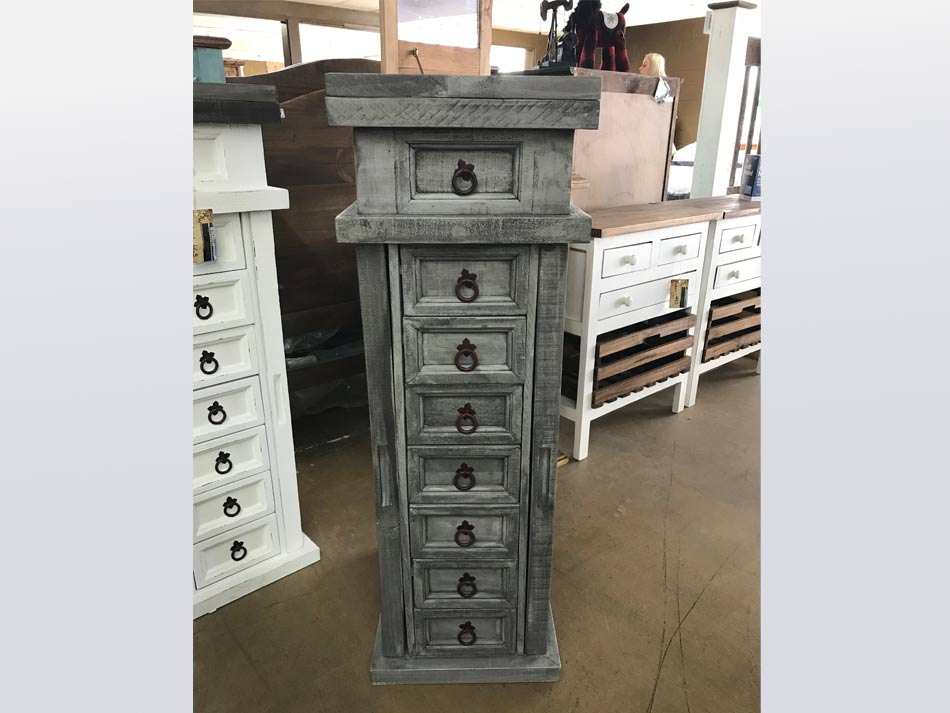 Rustic furniture 8-drawer jewelry cabinet in gray, available in Lubbock from Rustic Furniture Warehouse.