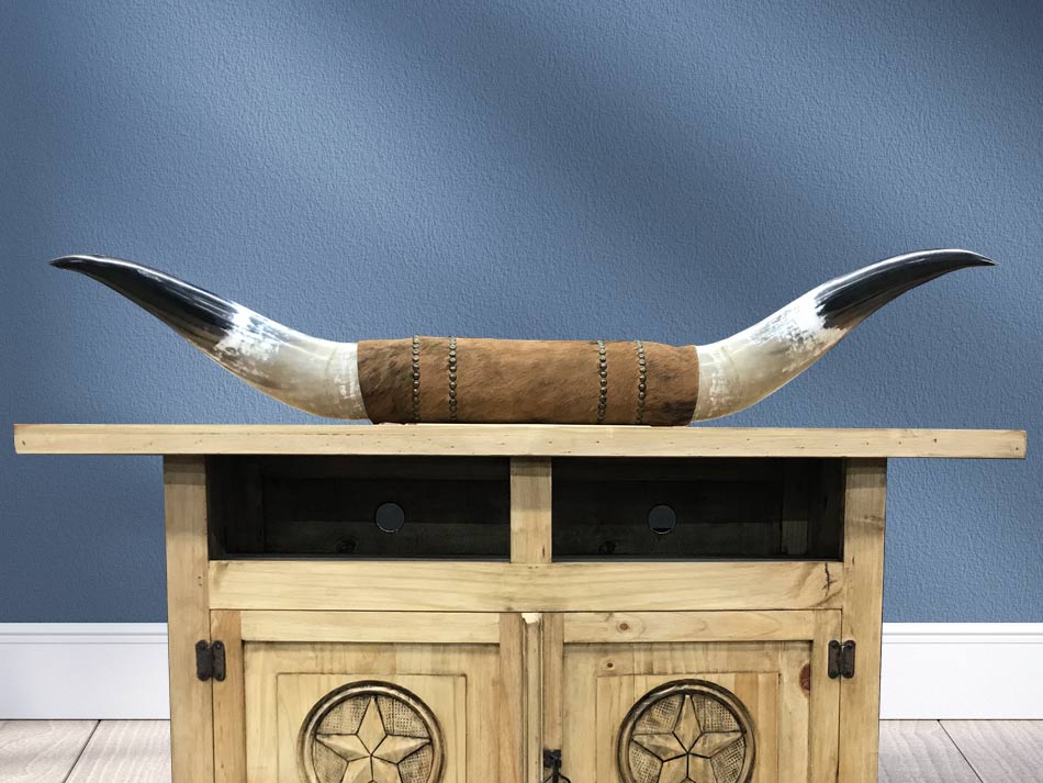 Mounted long horns, sitting on TV stand, available in Lubbock from Rustic Furniture Warehouse.